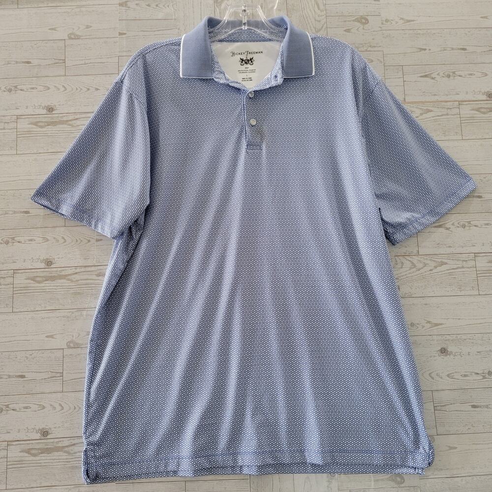 Hickey Freeman Golf Polo Shirt Mens Large Blue Geometric AOP Performance Stretch
